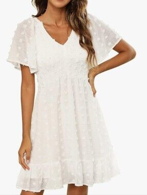 Zattcas Summer Smocked Dress Short Flutter Sleeve V Neck Swiss Dot